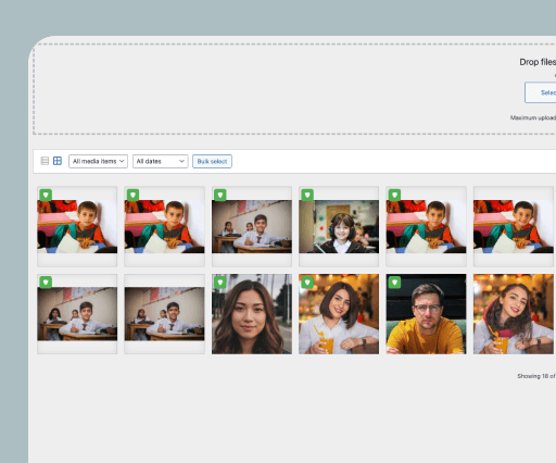 The WordPress media library with Safeguard's bulk-select option.