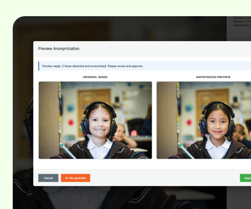 Preview Anonymization dialog — original and anonymised side-by-side, with Re-generate and Approve.