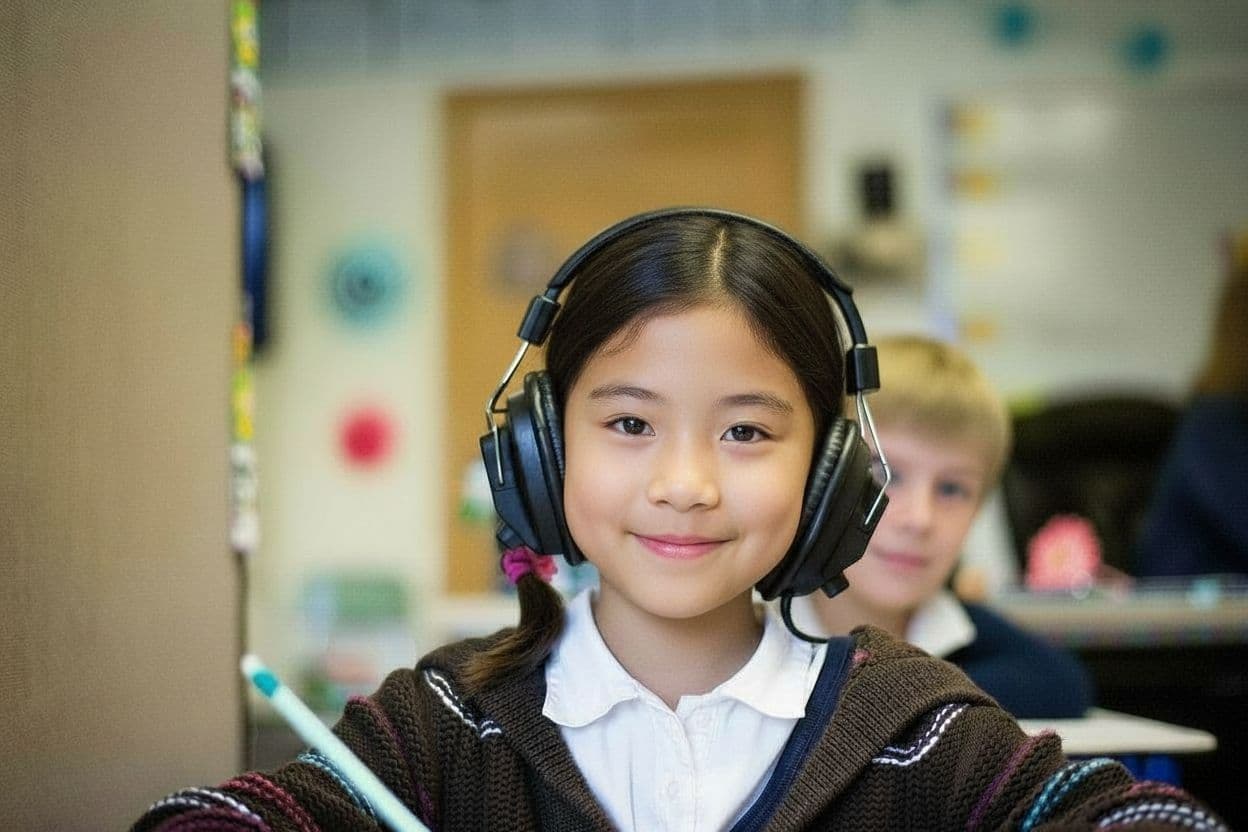 Original portrait of a pupil with headphones