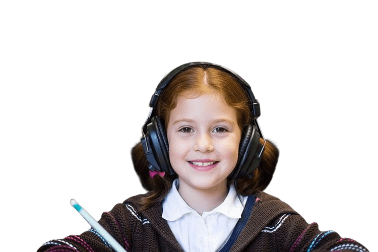 The same pupil with a new AI-generated face — same age, smile and headphones