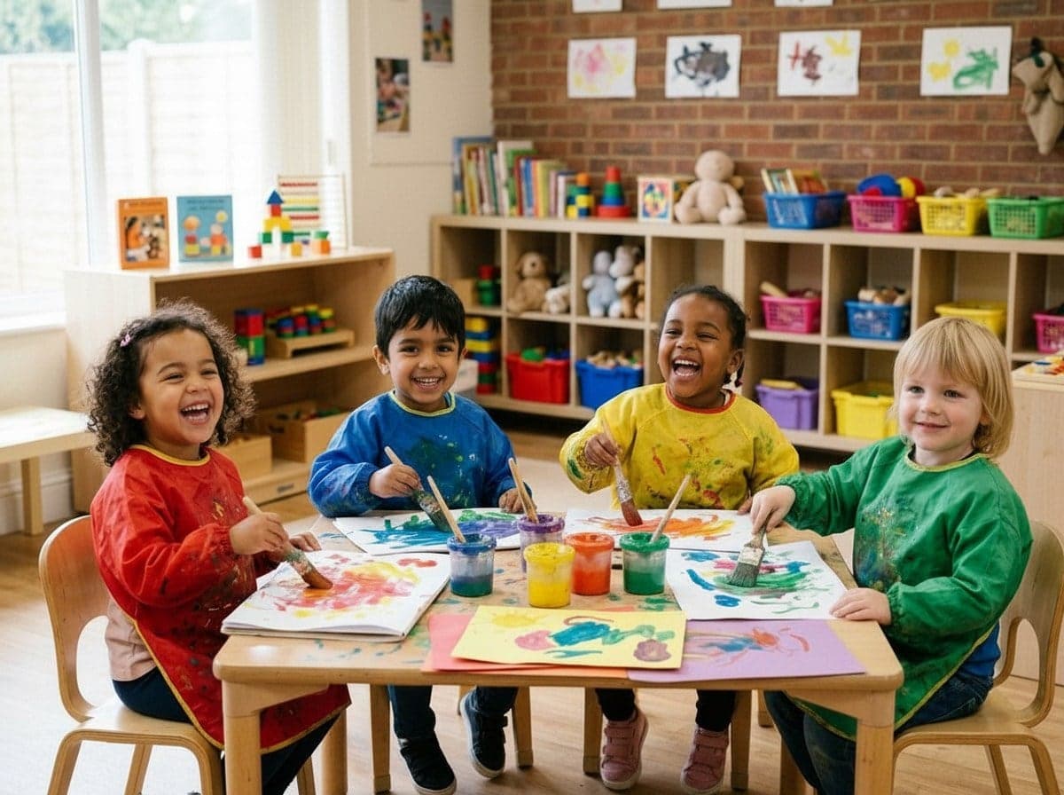 Nursery children painting at a low table, every face changed
